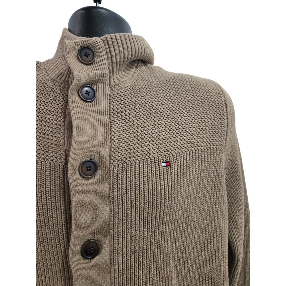 Tommy Hilfiger Men's‎ M Full Button Mock Neck Cardigan Sweater Tan Cotton Knit - Picture 2 of 7